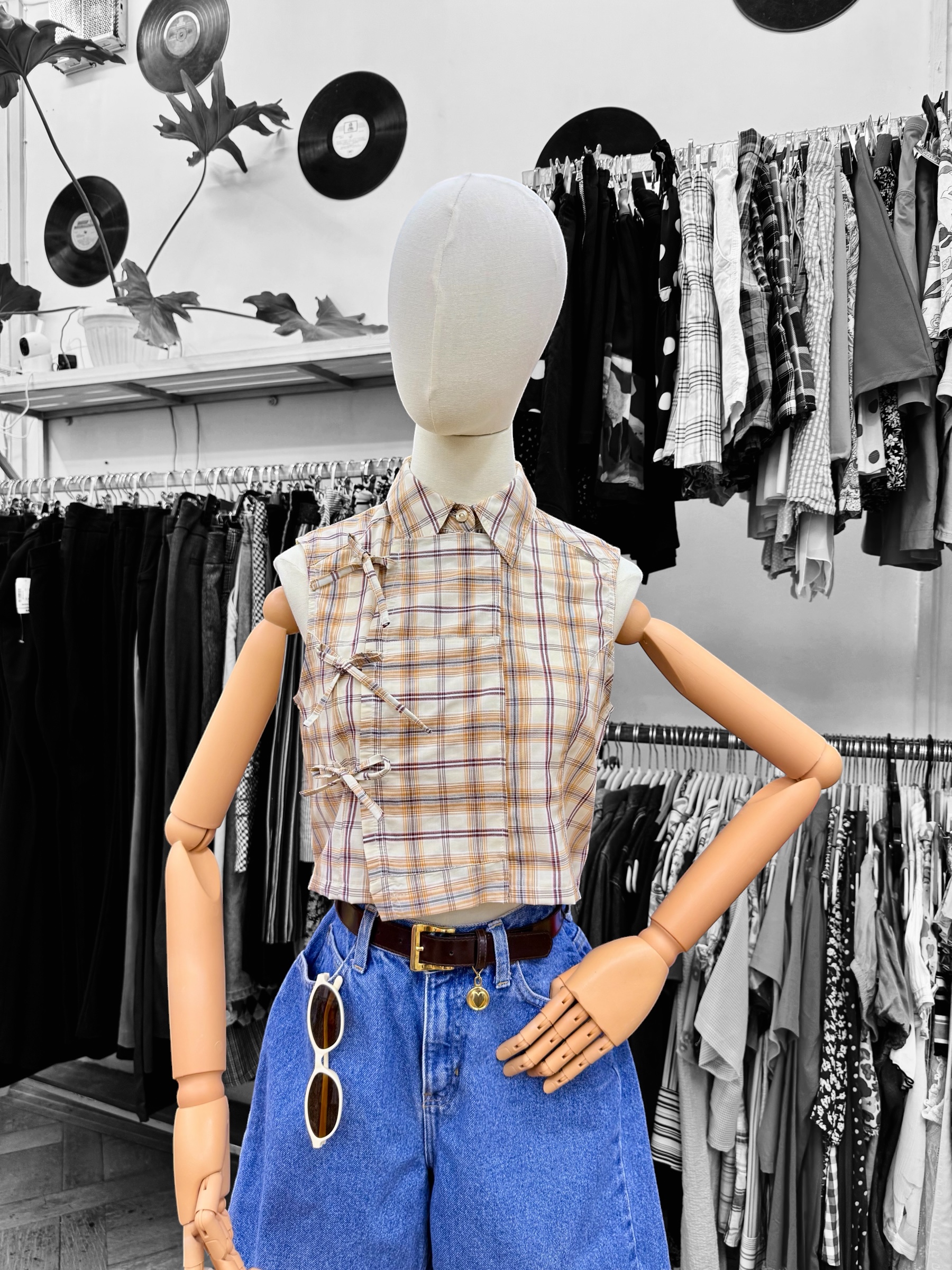 Blusa crop upcycling estilo qipao cuadrillé