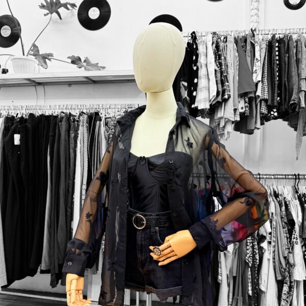 Blusa negra transparente con bordados