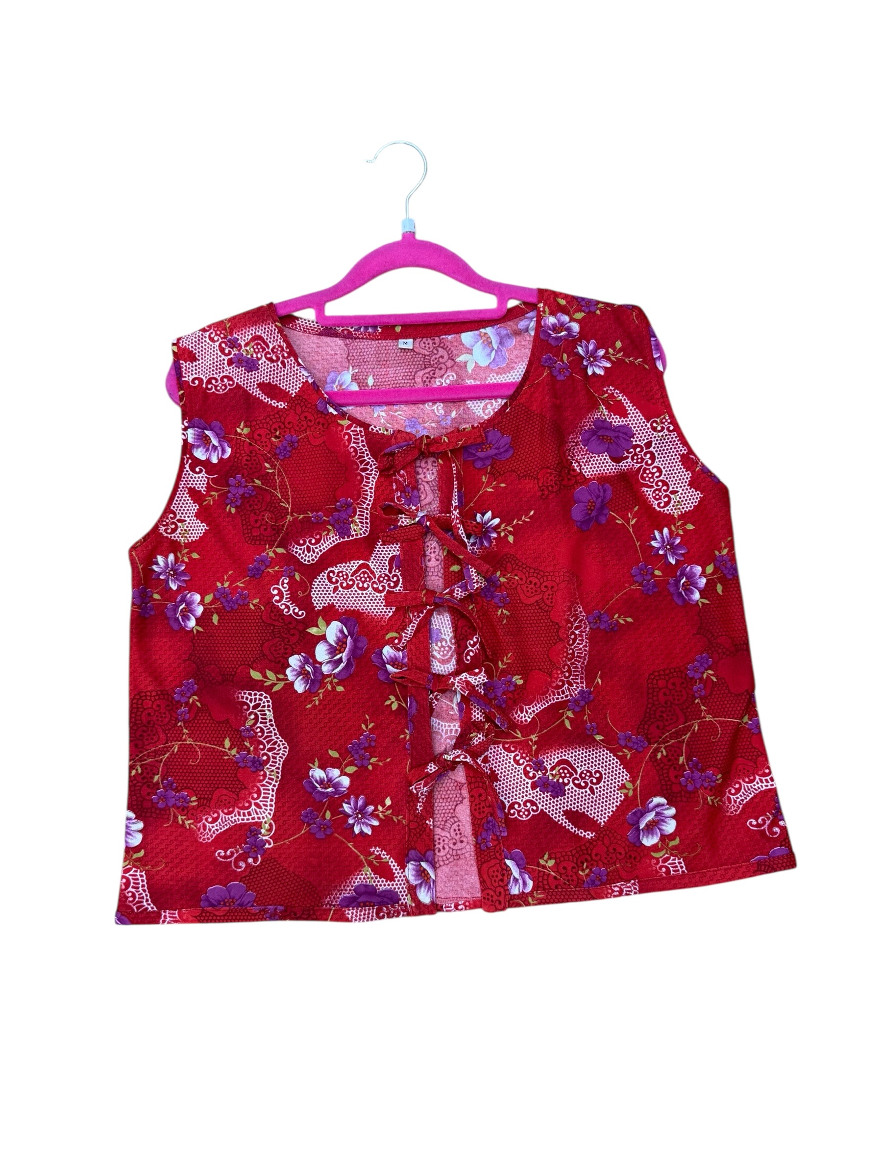 Blusa upcycling roja oriental con lazos - Imagen 2