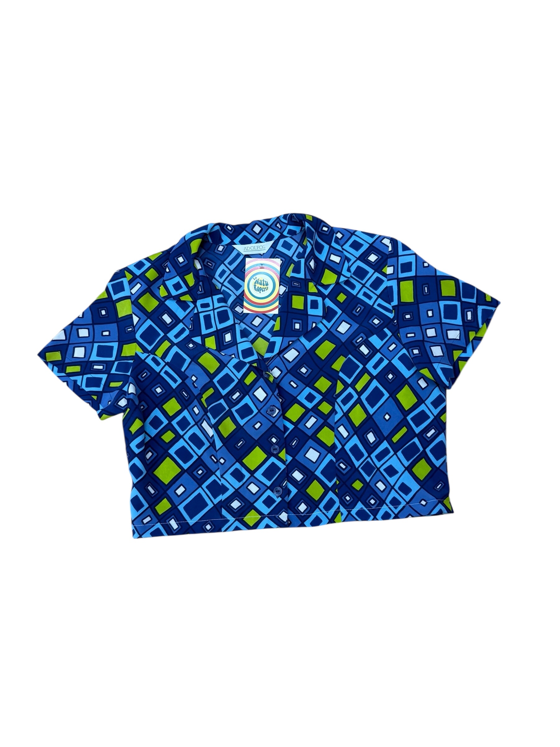 Blusa upcycling geométrica azul y verde - Imagen 2